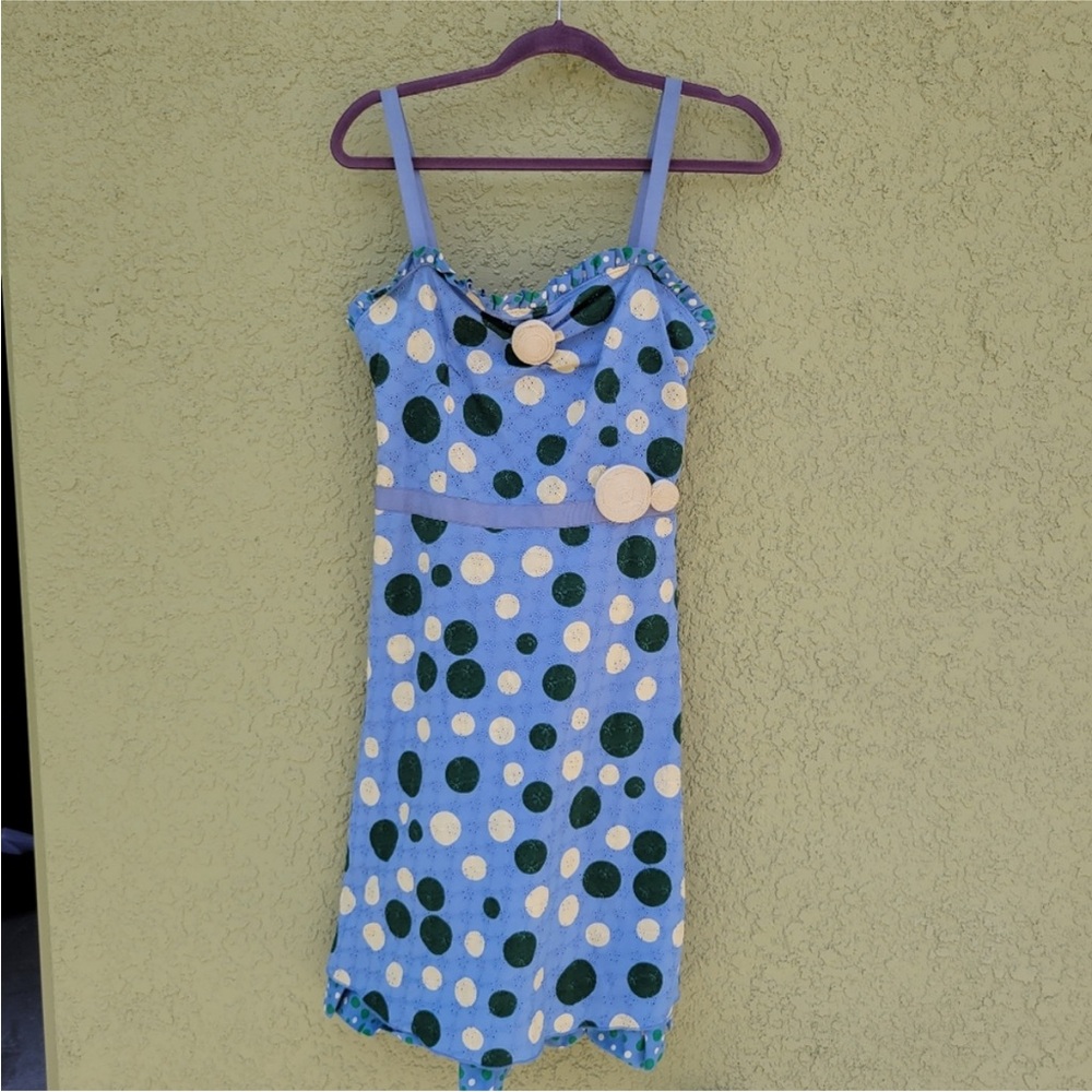 Moschino Cheap and Chic Blue Eyelet Ruffle Polka Dot Dress